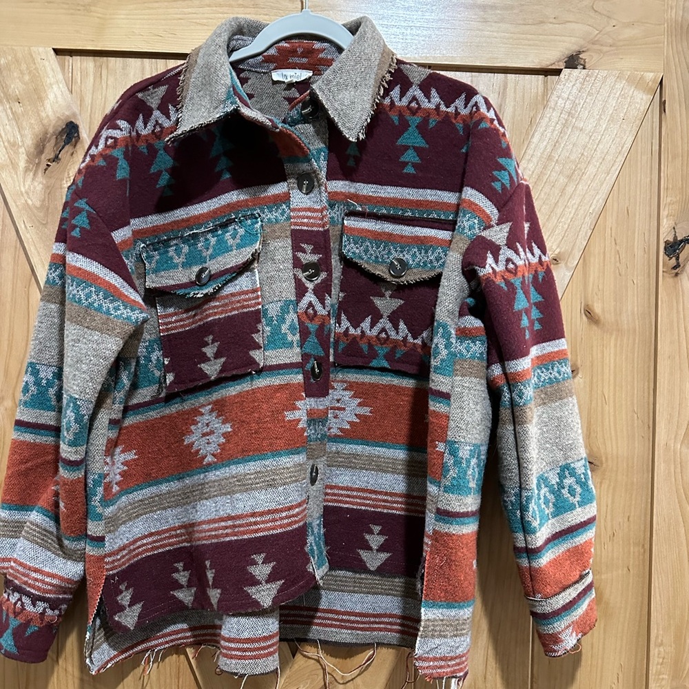 Tribal Patterned Jacket in Burgundy and Teal